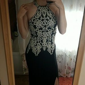 Black and gold beaded prom dress
